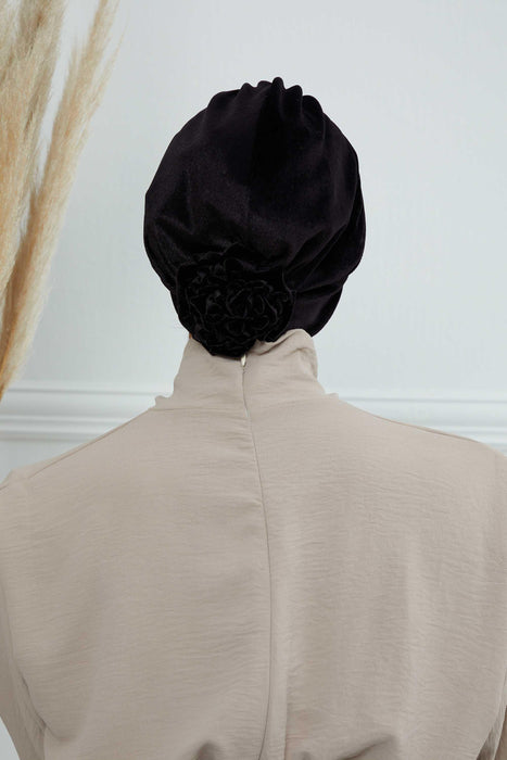Velvet Elastic Instant Turban Bonnet Cap with Handmade Rose Detail at the Back Side, Soft Plain Color Velvet Pre-Tied Turban Hijab,B-53K Black