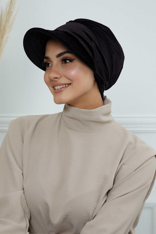 Extra Soft Newsboy Women Hat made from High Quality Velvet Fabric, Velvet Pre-Tied Visor Turban Head Covering, Soft Chemo Headwear,B-73K Black