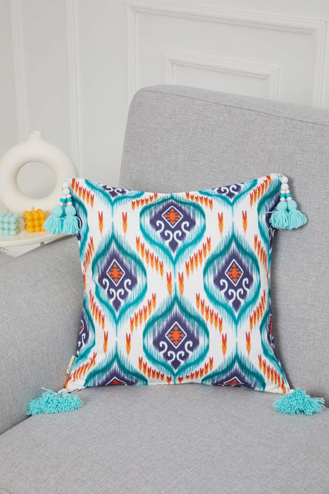 Boho Anatolian Patterned Throw Pillow Cover with Handmade Beads and Tassels, 18x18 Inches Decorative Printed Pillow Cover for Couch,K-325 Suzani Pattern 66