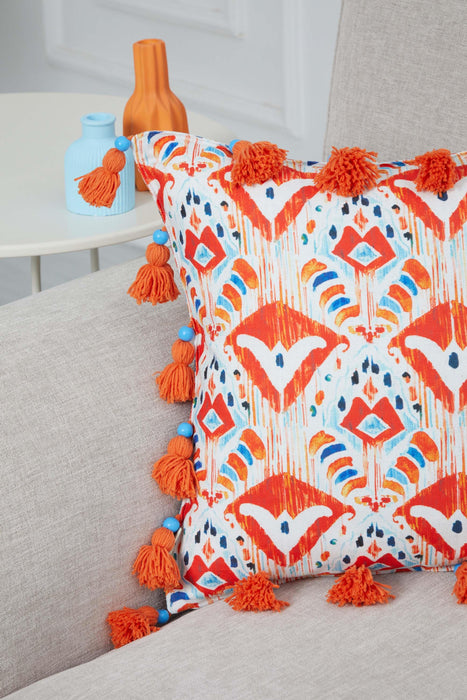 Square Decorative Bohemian Throw Pillow Cover with Handmade Beads and Tassels, 18x18 Inches Handmade Cushion Cover for Sofa and Couch,K-327 Suzani Pattern 56