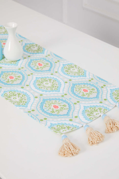 Printed Polyester Table Runner with Handmade Beads and Tassels 30 x 90 cm Fringed Handicraft Table Cloth for Dinner Table, Parties, Home Decoration,R-72K Suzani Pattern 60