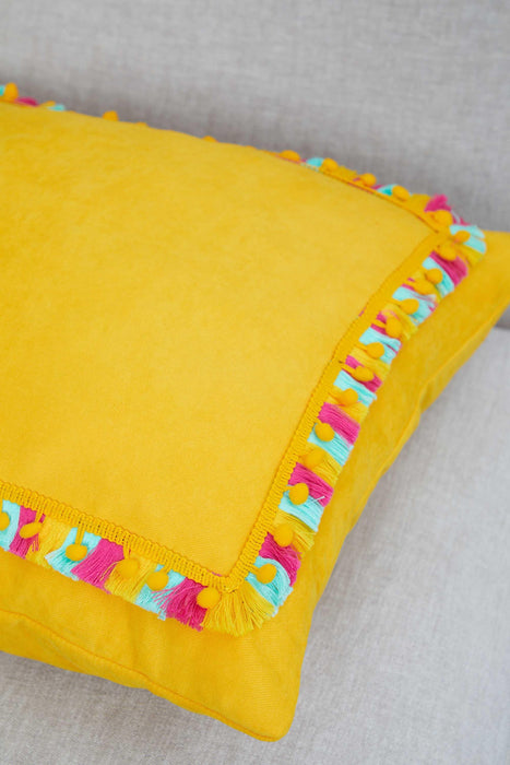 Handmade Tasseled Decorative Throw Pillow Cover with Colourful Pom-poms, 18x18 Inches Tasseled Throw Pillow Cover for Couch and Sofa,K-348 Yellow