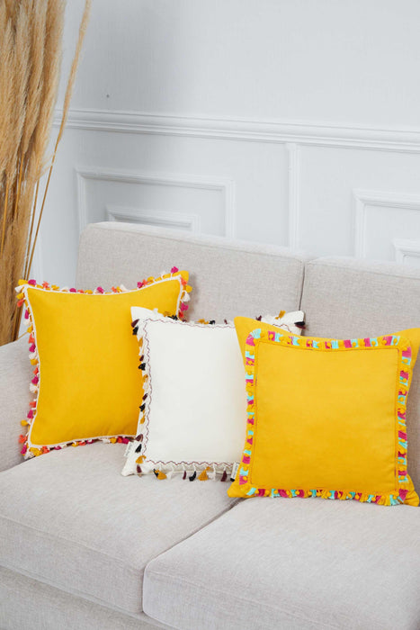 Handmade Tasseled Decorative Throw Pillow Cover with Colourful Pom-poms, 18x18 Inches Tasseled Throw Pillow Cover for Couch and Sofa,K-348 Yellow