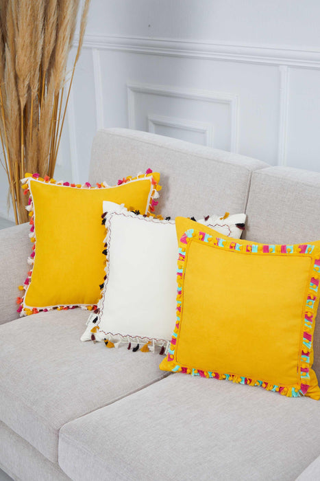Chic Sofa Throw Pillow Cover with Tassels and Square Stripes, 18x18 Inches Trendy Tasseled Throw Pillow Cover for Sofa and Couch,K-350 Yellow