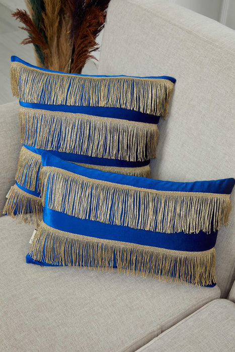 Elegant 18x18 Velvet Pillow Cover with Hanging Fringes, Decorative Cushion Cover for Modern Home Decorations, Housewarming Pillow Gift,K-352 Sax Blue