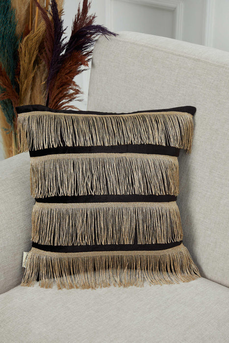 Elegant 18x18 Velvet Pillow Cover with Hanging Fringes, Decorative Cushion Cover for Modern Home Decorations, Housewarming Pillow Gift,K-352 Black