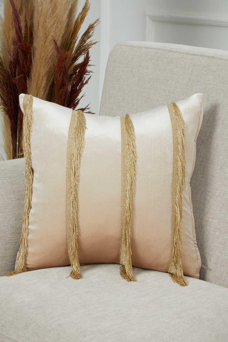 Elegant 18x18 Velvet Pillow Cover with Hanging Fringes, Decorative Cushion Cover for Modern Home Decorations, Housewarming Pillow Gift,K-352 Beige