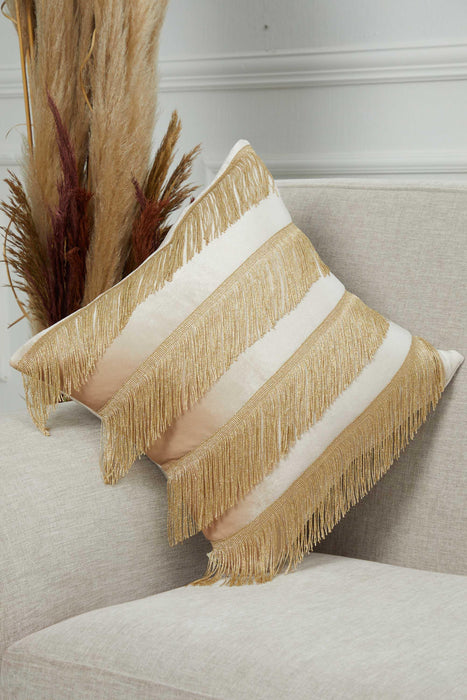 Elegant 18x18 Velvet Pillow Cover with Hanging Fringes, Decorative Cushion Cover for Modern Home Decorations, Housewarming Pillow Gift,K-352 Beige