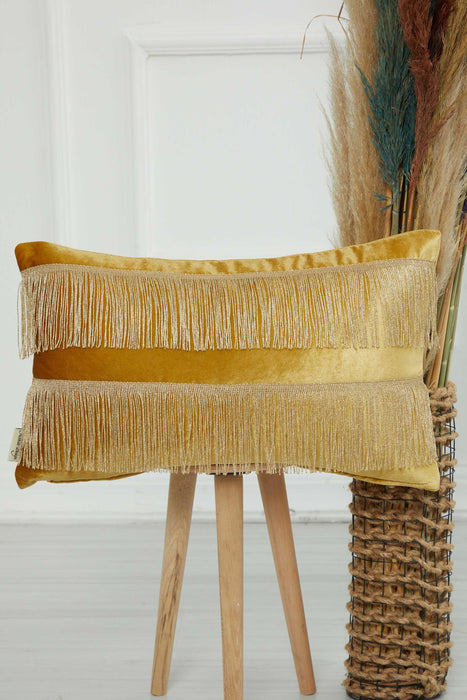 Double Lane Fringed Throw Pillow Cover, 20x12 Inches Large Decorative Pillow Cover for New Home Gift, Modern Home Pillow Designs,K-353 Mustard Yellow