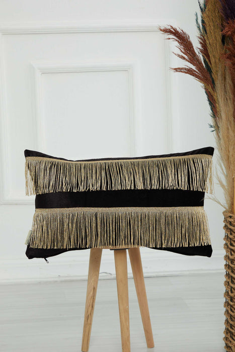 Double Lane Fringed Throw Pillow Cover, 20x12 Inches Large Decorative Pillow Cover for New Home Gift, Modern Home Pillow Designs,K-353 Black