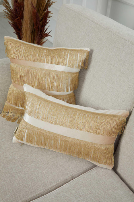 Double Lane Fringed Throw Pillow Cover, 20x12 Inches Large Decorative Pillow Cover for New Home Gift, Modern Home Pillow Designs,K-353 Beige