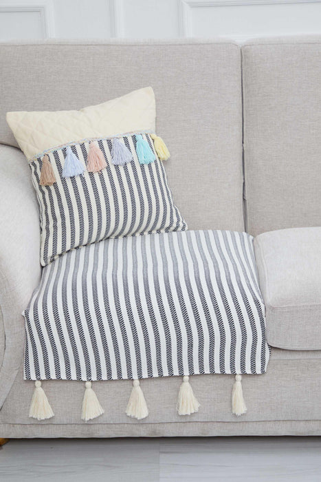 Bohemian Stripe and Tassel Cotton Sofa Cover, Single Seat Slipcover, Striped Pattern Sofa Cover Slipcover 1 Seater for Living Room,KO-22T Striped Pattern