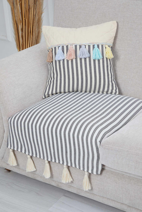 Bohemian Stripe and Tassel Cotton Sofa Cover, Single Seat Slipcover, Striped Pattern Sofa Cover Slipcover 1 Seater for Living Room,KO-22T Striped Pattern