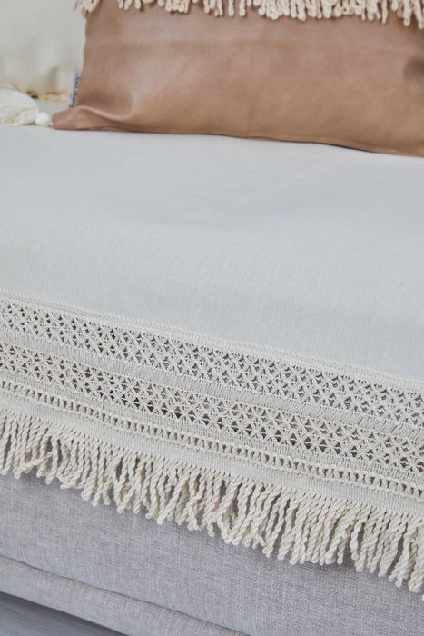 Bohemian Chic 2 Seater Sofa Cover with Fringe Trim and Crochet Detailing, Artisanal Linen Texture Sofa Cover, Couch Cover 2 Seater,KO-25IK Ivory