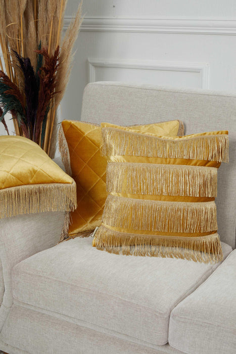 Square Long Fringe Pillow Cover, 18x18 Inches Lumbar Pillow Cover for Modern Home Decoration, Chic Fringe Throw Pillow Covering,K-355 Mustard Yellow