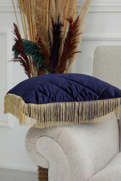 Square Long Fringe Pillow Cover, 18x18 Inches Lumbar Pillow Cover for Modern Home Decoration, Chic Fringe Throw Pillow Covering,K-355 Navy Blue