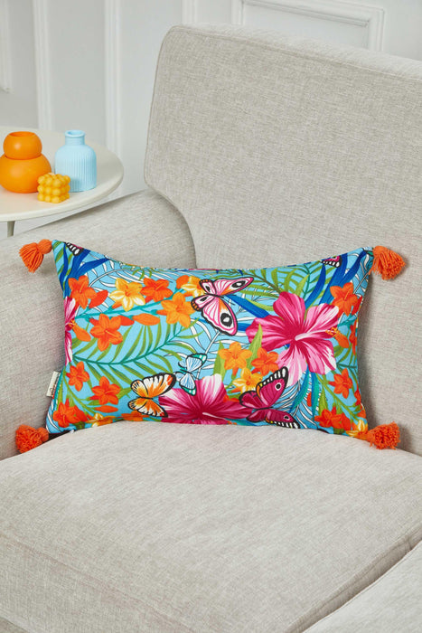 Tropical Floral and Butterfly Print Cushion Cover with Playful Tassel Corners, Butterfly Themed Throw Pillow Cover, Kids Room Pillow,K-358 Suzani Pattern 35