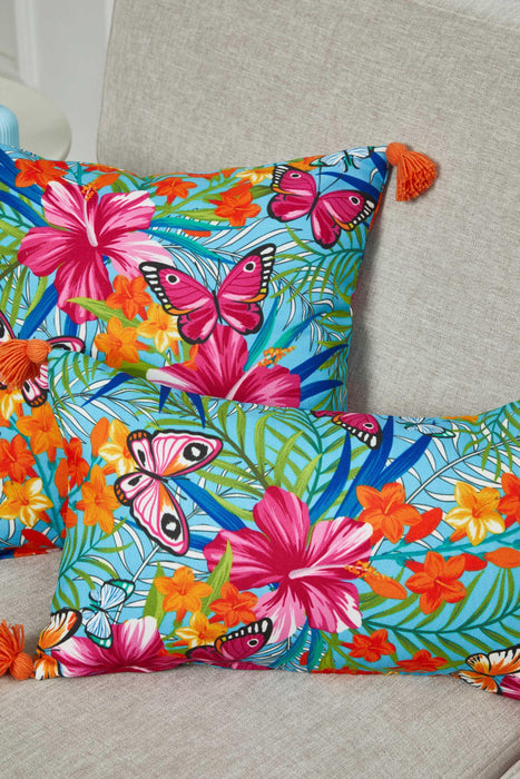 Tropical Floral and Butterfly Print Cushion Cover with Playful Tassel Corners, Butterfly Themed Throw Pillow Cover, Kids Room Pillow,K-358 Suzani Pattern 35