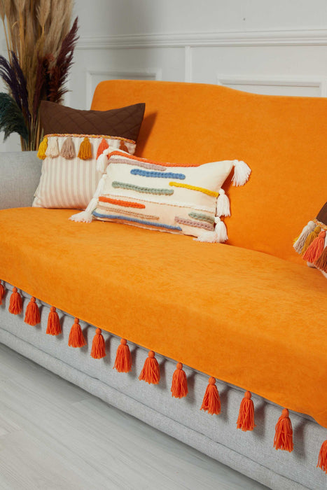 Bohemian Sofa Cover with Chic Tassels, Luxurious 3 Seater Sofa Cover, Fashionable Living Room Sofa Cover, Fancy Plain Slipcover,KO-31 Orange