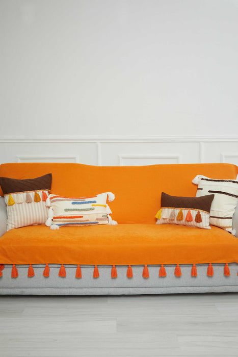 Bohemian Sofa Cover with Chic Tassels, Luxurious 3 Seater Sofa Cover, Fashionable Living Room Sofa Cover, Fancy Plain Slipcover,KO-31 Orange