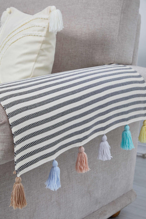 Boho Set of 2 Sofa Armrest Cover with Colourful Tassels, High Quality Striped Sofa Arm Protectors, Playful Tasseled Couch Arm Covers,KC-5 Striped Pattern - Blue