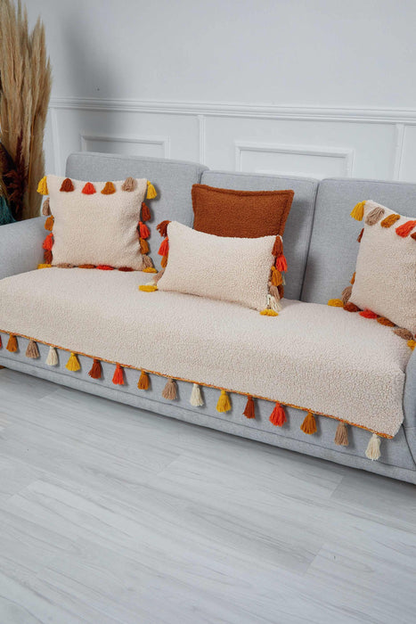 Bohemian Teddy Fabric Sofa Cover with Multicolor Tassels, Super Soft Plush Textured 3 Seater Sofa Cover Large Couch Slipcover 3 Seater,KO-32 Beige - Orange