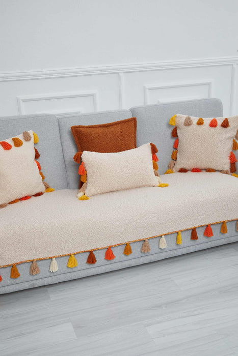 Bohemian Teddy Fabric Sofa Cover with Multicolor Tassels, Super Soft Plush Textured 3 Seater Sofa Cover Large Couch Slipcover 3 Seater,KO-32 Beige - Orange