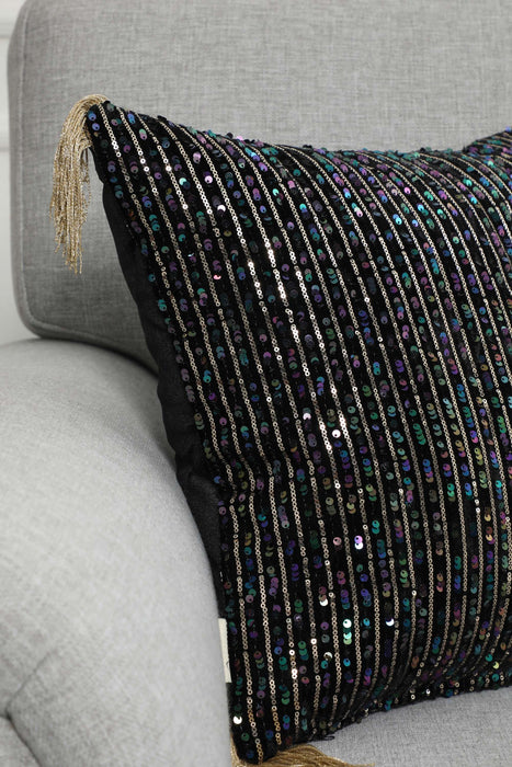 Boho Chic Velvet Striped Sequin Pillow Cover with Tassels, Handcrafted Decorative Double Sided Cushion Cover for Unique Home Styling,K-373 Black