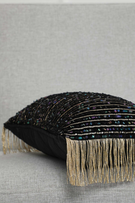 Artisan Sequined Velvet Lumbar Pillow Cover with Fringe Tassels, Eclectic Handmade Decorative Cushion Cover for Home Styling,K-374 Black