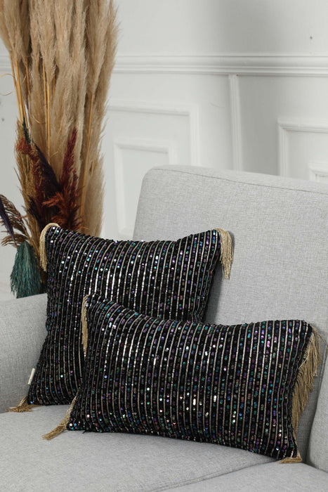 Artisan Sequined Velvet Lumbar Pillow Cover with Fringe Tassels, Eclectic Handmade Decorative Cushion Cover for Home Styling,K-374 Black