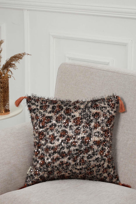 Boho Leopard Patterned Sparkle Pillow Cover with Tassels, Double Sided Eclectic Shaggy Velvet Cushion Cover for Artisanal Home Decor,K-377 Beige
