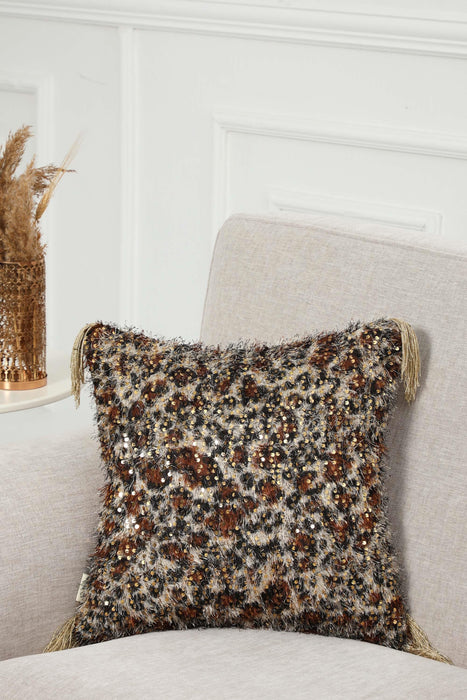 Shaggy Chic Sequined Velvet Pillow Cover with Leopard Design, Bohemian Glam Accent Cushion Cover with Tassels for Unique Home Decor,K-380 Beige