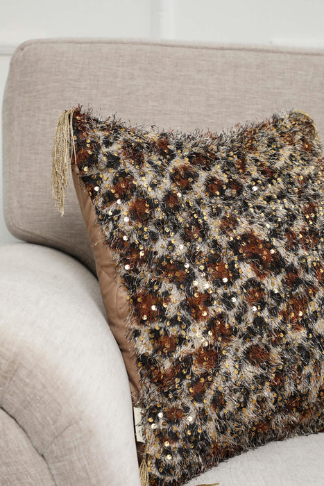 Shaggy Chic Sequined Velvet Pillow Cover with Leopard Design, Bohemian Glam Accent Cushion Cover with Tassels for Unique Home Decor,K-380 Beige