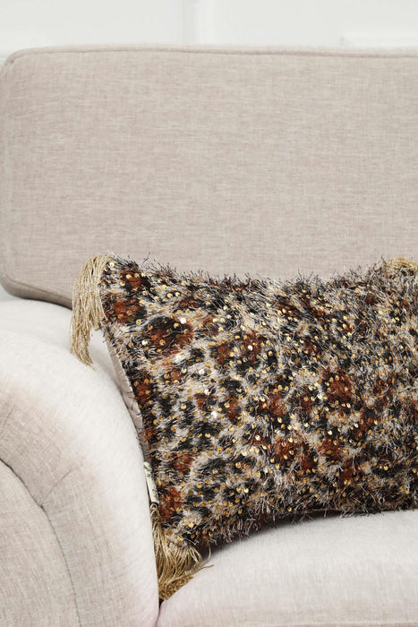 Bohemian Leopard Design Lumbar Pillow Cover with Tassels, Shaggy Sequin-Embellished Velvet Cushion Cover for Distinctive Home Decor,K-381 Beige