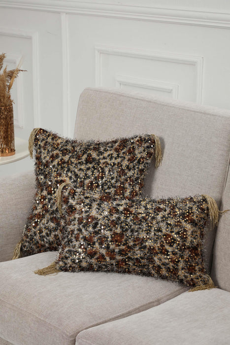 Bohemian Leopard Design Lumbar Pillow Cover with Tassels, Shaggy Sequin-Embellished Velvet Cushion Cover for Distinctive Home Decor,K-381 Beige