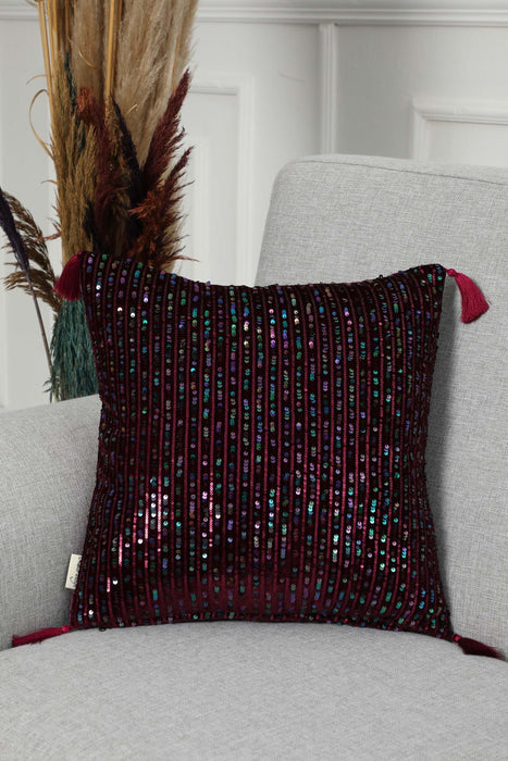 Boho Colourful Sequined Stripe Velvet Pillow Cover with Tassels, Handmade Sparkling Cushion Cover for Eclectic Home Decor,K-383