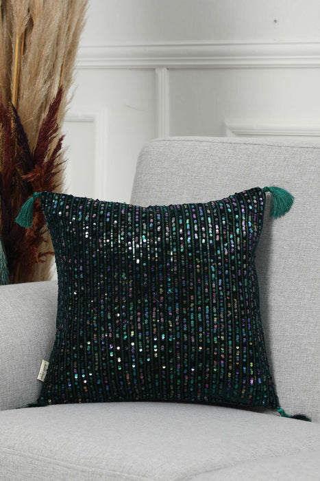 Boho Colourful Sequined Stripe Velvet Pillow Cover with Tassels, Handmade Sparkling Cushion Cover for Eclectic Home Decor,K-383