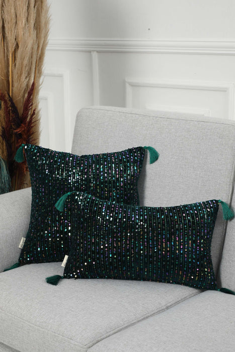 Boho Colourful Sequined Stripe Velvet Pillow Cover with Tassels, Handmade Sparkling Cushion Cover for Eclectic Home Decor,K-383