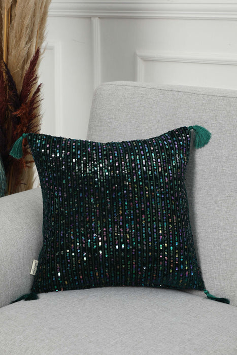 Boho Colourful Sequined Stripe Velvet Pillow Cover with Tassels, Handmade Sparkling Cushion Cover for Eclectic Home Decor,K-383