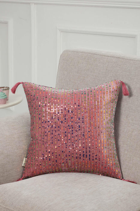 Boho Colourful Sequined Stripe Velvet Pillow Cover with Tassels, Handmade Sparkling Cushion Cover for Eclectic Home Decor,K-383