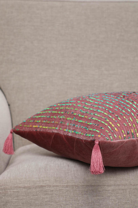 Boho Colourful Sequined Stripe Velvet Pillow Cover with Tassels, Handmade Sparkling Cushion Cover for Eclectic Home Decor,K-383