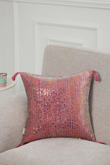 Boho Colourful Sequined Stripe Velvet Pillow Cover with Tassels, Handmade Sparkling Cushion Cover for Eclectic Home Decor,K-383