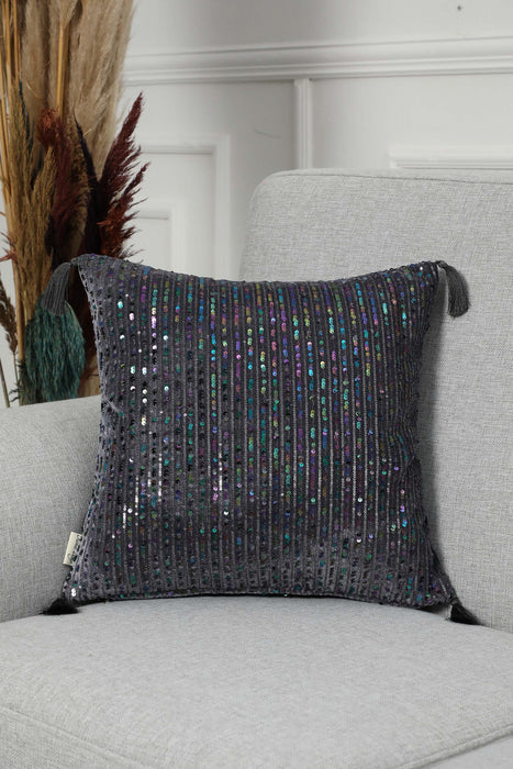 Boho Colourful Sequined Stripe Velvet Pillow Cover with Tassels, Handmade Sparkling Cushion Cover for Eclectic Home Decor,K-383