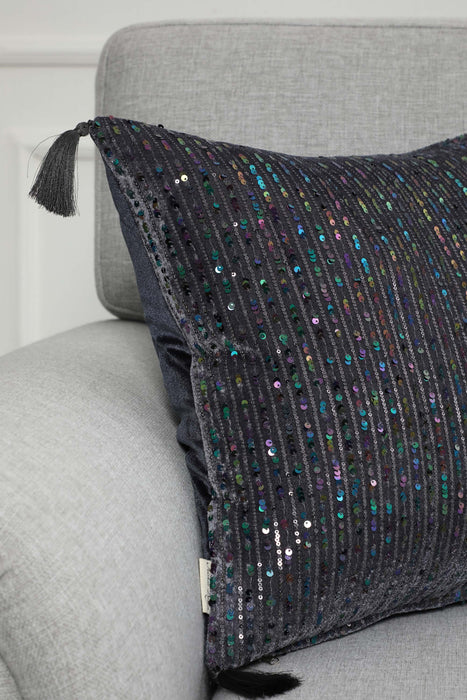 Boho Colourful Sequined Stripe Velvet Pillow Cover with Tassels, Handmade Sparkling Cushion Cover for Eclectic Home Decor,K-383