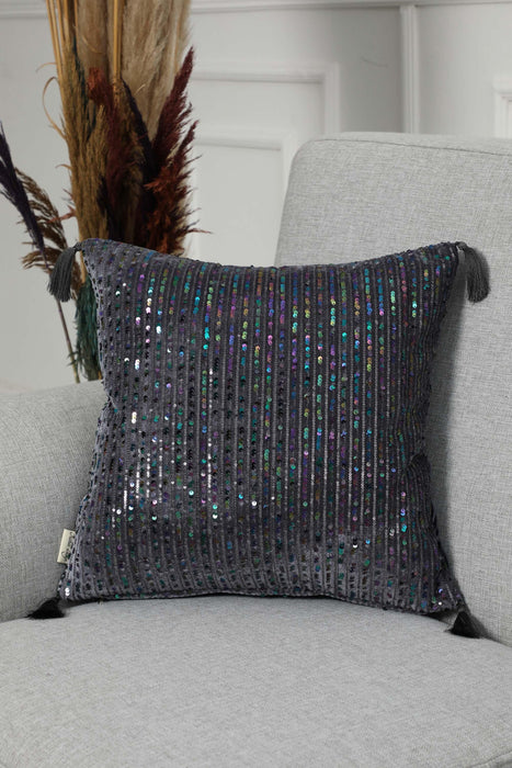 Boho Colourful Sequined Stripe Velvet Pillow Cover with Tassels, Handmade Sparkling Cushion Cover for Eclectic Home Decor,K-383