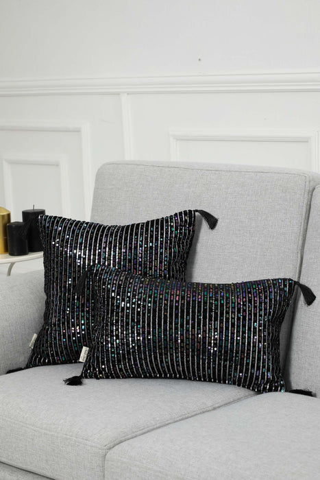 Boho Colourful Sequined Stripe Velvet Pillow Cover with Tassels, Handmade Sparkling Cushion Cover for Eclectic Home Decor,K-383