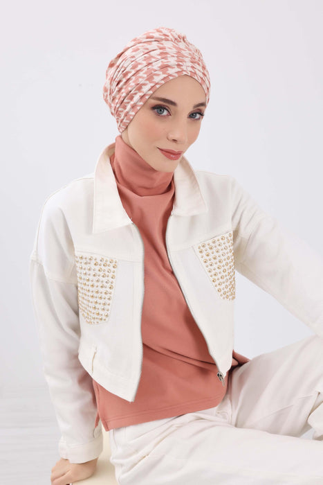 Chic Shirred Winter Turban Bonnet with Houndstooth & Leopard Prints, Cozy Patterned Winter Headwrap made from High Quality Fabric,B-13DIV