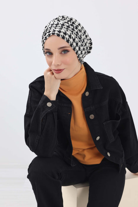 Chic Shirred Winter Turban Bonnet with Houndstooth & Leopard Prints, Cozy Patterned Winter Headwrap made from High Quality Fabric,B-13DIV