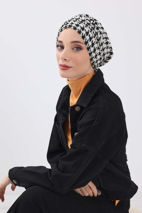 Chic Shirred Winter Turban Bonnet with Houndstooth & Leopard Prints, Cozy Patterned Winter Headwrap made from High Quality Fabric,B-13DIV