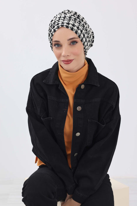 Chic Shirred Winter Turban Bonnet with Houndstooth & Leopard Prints, Cozy Patterned Winter Headwrap made from High Quality Fabric,B-13DIV